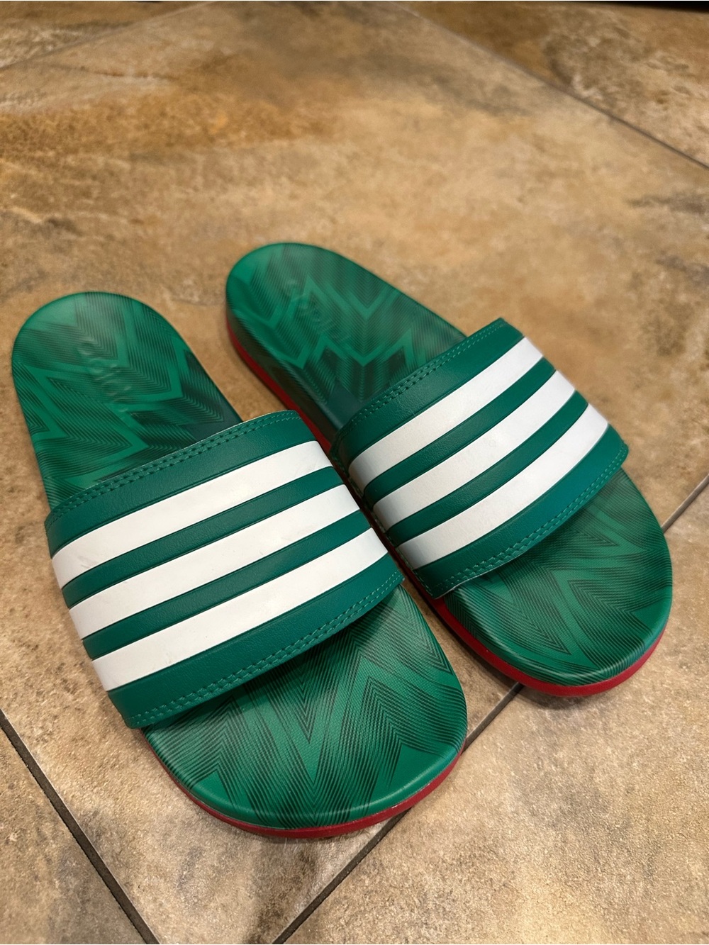 adidas Womens Green and White Three-Stripe Slide Sandals